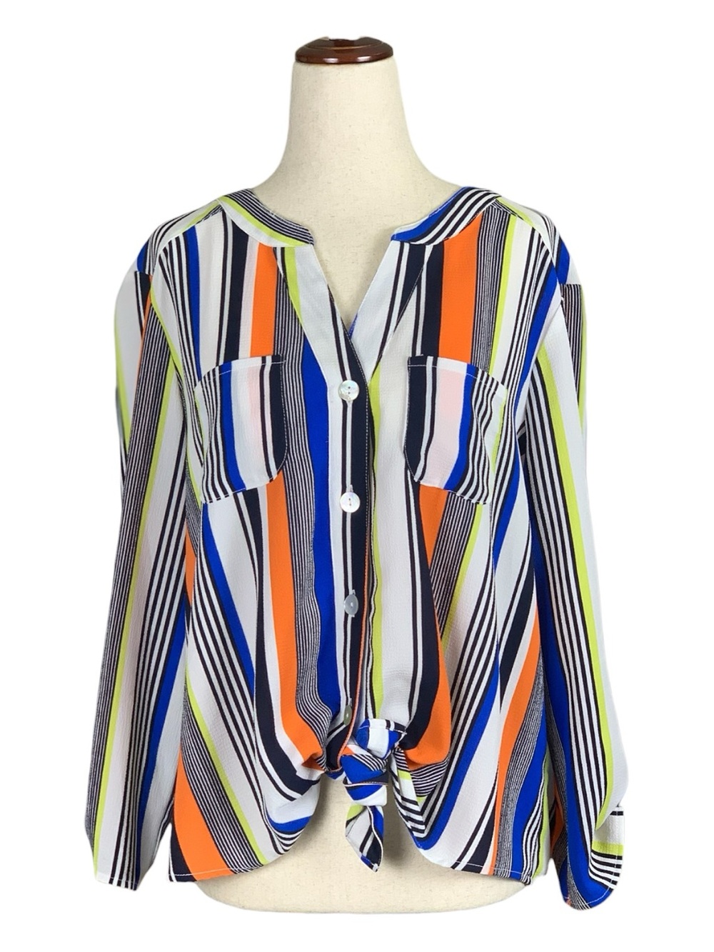 Ruby Road Striped Tie-Front Tab Sleeve Blouse Blue Yellow White Y2K Petite Large